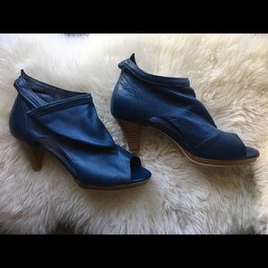 Blue leather peep toe booties